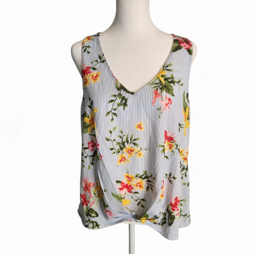 Lush Blue and White Striped Floral Tank Top Relaxed Fit Size: L
